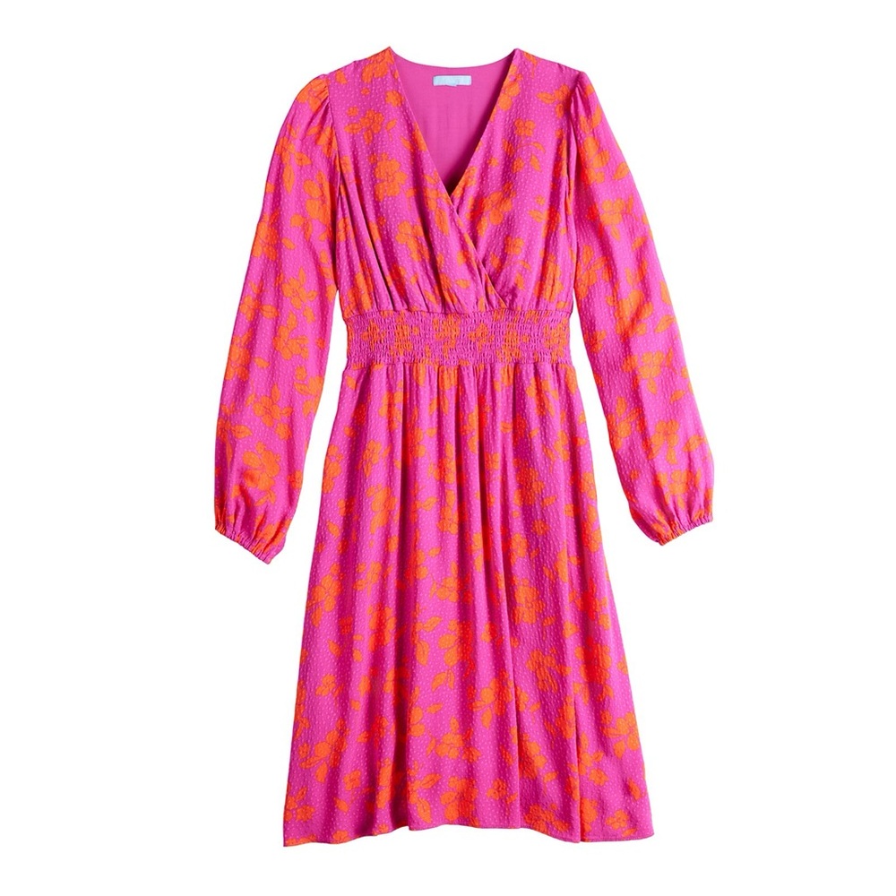 Draper James Pink Orange Floral Long Sleeve Midi Dress V Neck Vacation Preppy